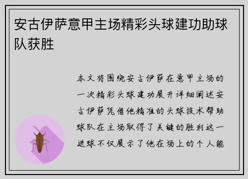 安古伊萨意甲主场精彩头球建功助球队获胜 安古伊萨意甲主场精彩头球建功助球队获胜