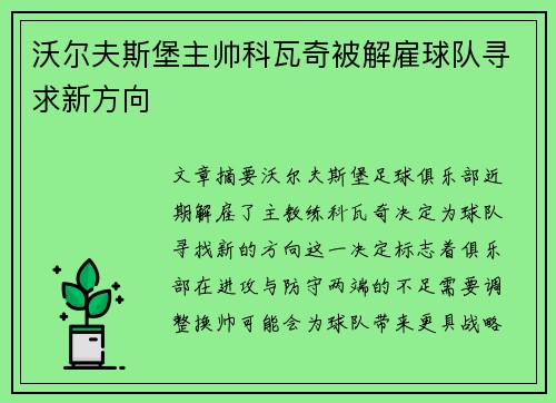 沃尔夫斯堡主帅科瓦奇被解雇球队寻求新方向 沃尔夫斯堡主帅科瓦奇被解雇球队寻求新方向